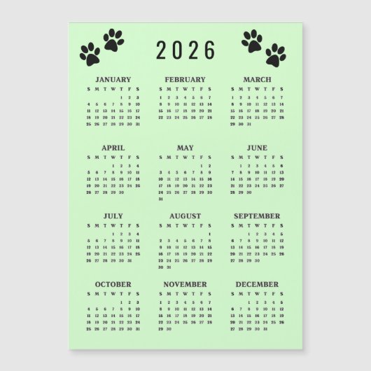 Paw Prints Design 2026 Calendar Magnetic Card (Voorkant)