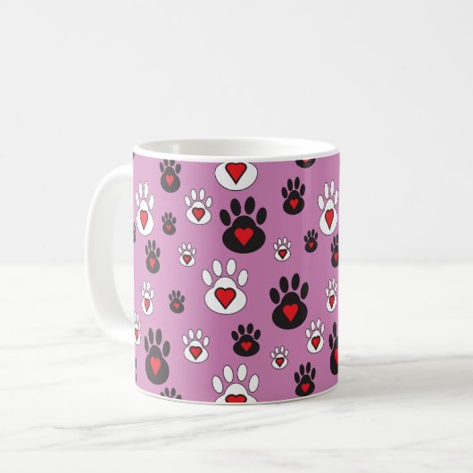 Paw Prints met rode harten op Roze Koffiemok (Voorkant links)