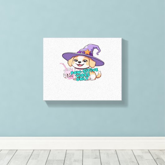 Paw-sitive Vibes Only – Schattigee hond met bubbel Canvas Afdruk (Insitu (Houten vloer))