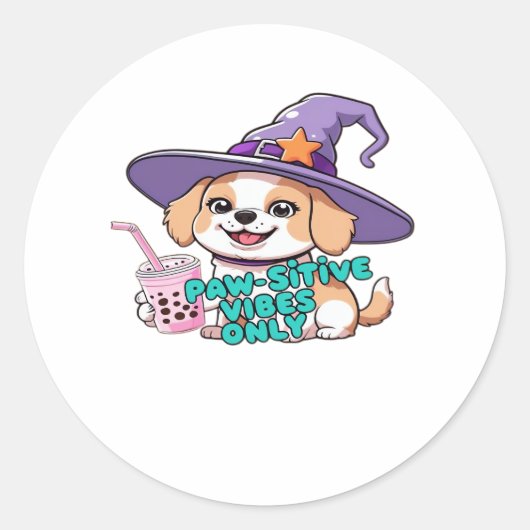 Paw-sitive Vibes Only – Schattigee hond met bubbel Ronde Sticker (Voorkant)