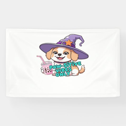Paw-sitive Vibes Only – Schattigee hond met bubbel Spandoek (Horizontaal)