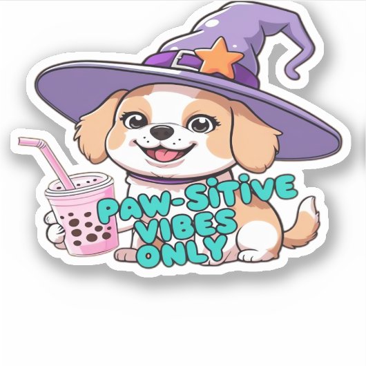 Paw-sitive Vibes Only – Schattigee hond met bubbel Sticker (Voorkant)