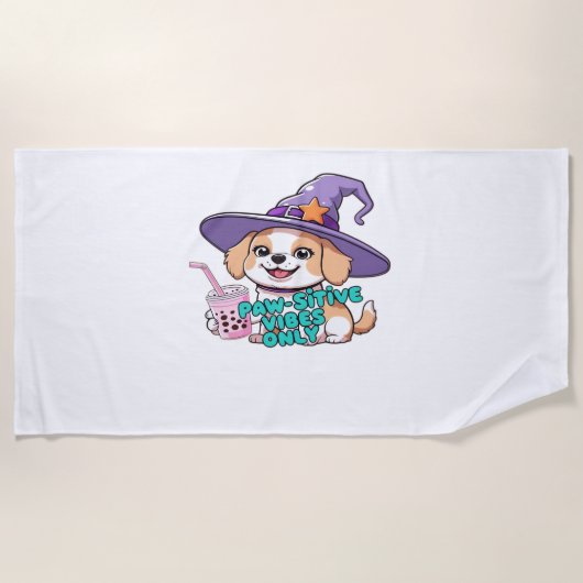 Paw-sitive Vibes Only – Schattigee hond met bubbel Strandlaken (Voorkant)