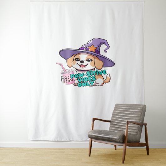 Paw-sitive Vibes Only – Schattigee hond met bubbel Wandkleed (In situ)