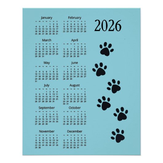 Pawprints Design 2026 Calendar Poster (Devant)