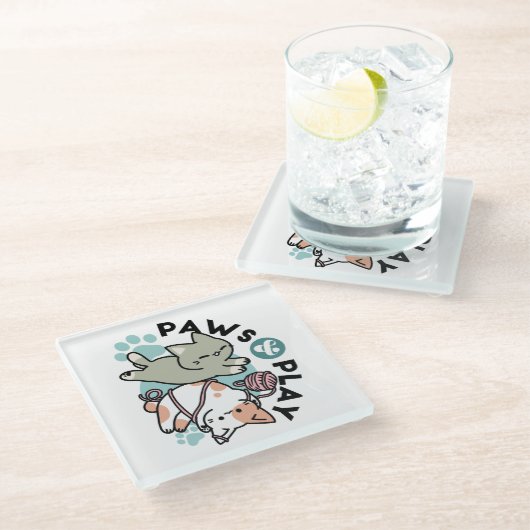 Paws and Play – Adorable Cat Illustration Glazen Onderzetter (Schuin)