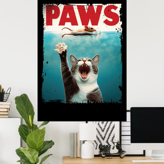 PAWS Cat Mouse Parodie op het Jaws Movie Poster (Thuiskantoor)