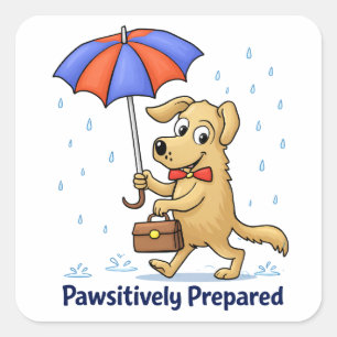 Paws-itief Bereid – Cute Hond met Paraplu Vierkante Sticker