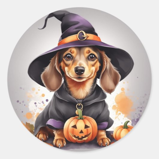 Paws & Potions: Dachshund Witch op een pompoen Ronde Sticker (Voorkant)
