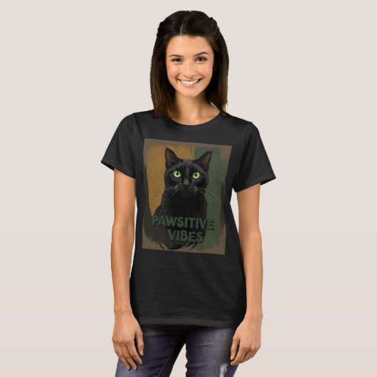 Pawsitive vibes zwarte kat T-Shirt (Voorkant volledig)