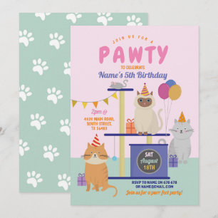 Pawty Birthday Cat Kitten Paw Girls Fun Kaart