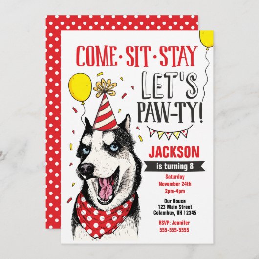 Pawty Birthday Invitation Dog Puppy Husky (Devant / Derrière)