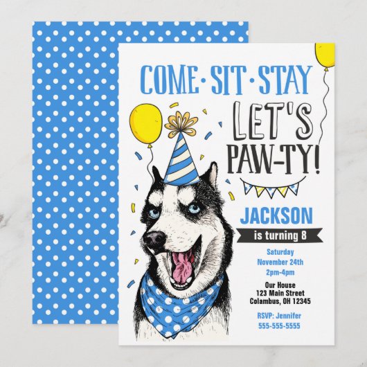 Pawty Birthday Invitation Dog Puppy Husky (Devant / Derrière)