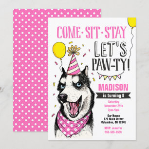 Pawty Birthday Invitation Dog Puppy Husky Girl Kaart