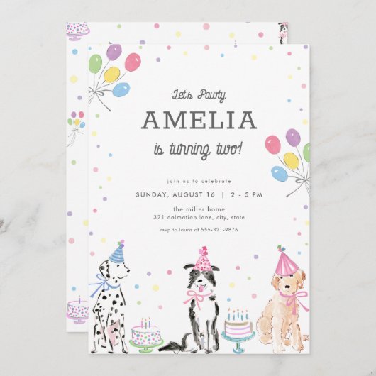 Pawty Pastel Chien chiot Invitation d'anniversaire (Devant / Derrière)