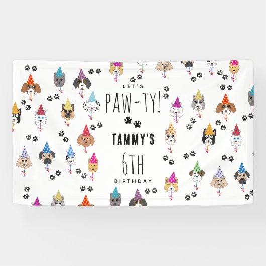 Pawty schattig verjaardagsfeestje honden spandoek (Horizontaal)