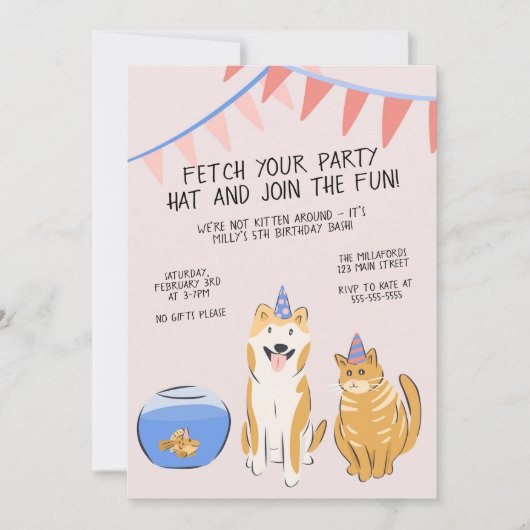Pawty Time Kids Birthday Invitation | House Pets Kaart (Voorkant)