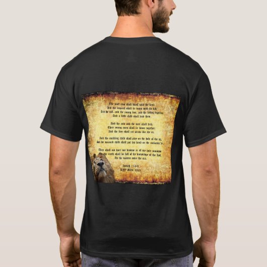 Pax Christos, Leeuw met Jesaja 11:6-9 T-shirt (Achterkant)