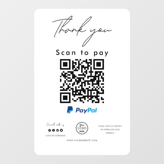 PayPal QR-code Logo Scannen naar betaling Bedankt Raamsticker (Vel)