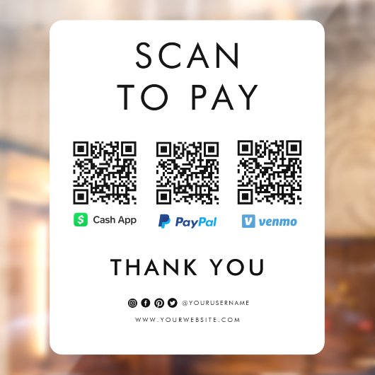 PayPal Venmo Cash App Scan naar Pay QR Code White Raamsticker (Vel 2)