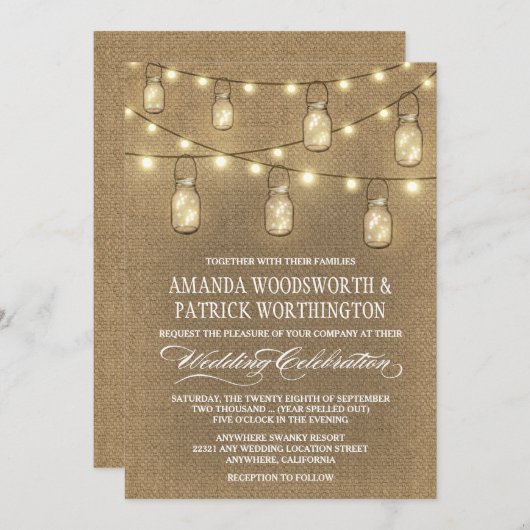 Pays Burlap Mason Jar Mariage Invitations (Devant / Derrière)