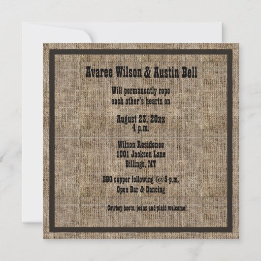 Pays Burlap Occidental Mariages Invitations (Dos)