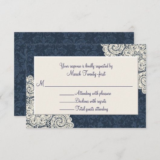 Pays Denim Damask & Ivory Wedding Carte RSVP (Devant / Derrière)