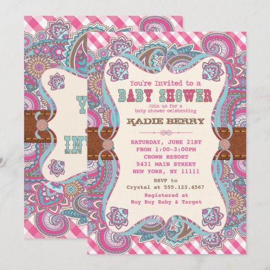 Pays, Rose, Western Baby Shower Invitations (Devant / Derrière)