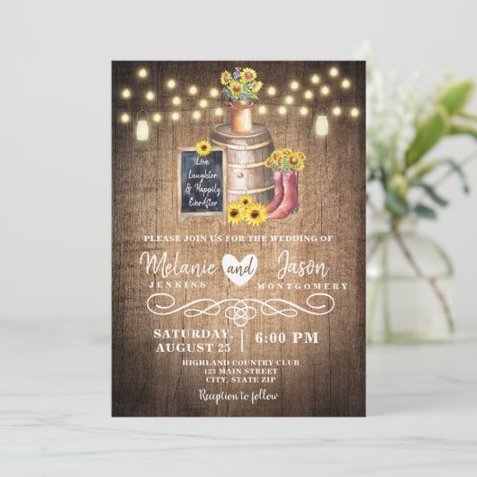 Pays Rustic Bois Barrel Invitations de mariage (Debout devant)