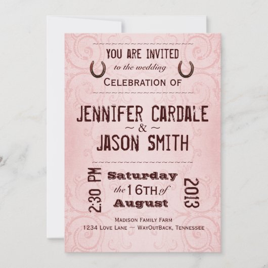 Pays Western Horseshoe Pink Wedding Invitations (Devant)