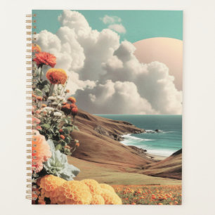 Paysage côtier surréaliste avec fleurs et nuages
