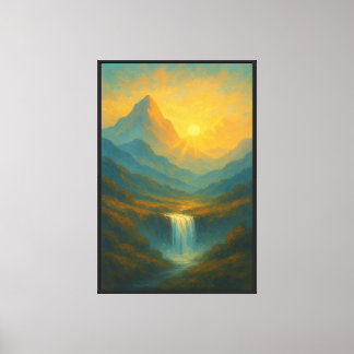 Paysage de montagne à cascade d'or - Art mural