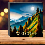 Paysage de montagne artistique<br><div class="desc">Ce panneau en bois avec une représentation artistique d'un paysage de montagne au clair de lune est un accent unique pour tout lodge, cabine ou maison de montagne.</div>