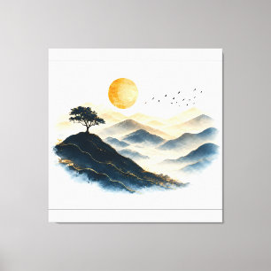 Paysage de montagne au soleil doré sur toile tendu