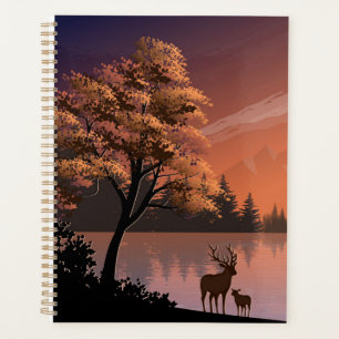Paysage du lever du soleil avec lac et Deers-51207