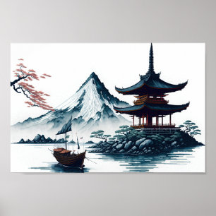 Paysage japonais avec affiche de pagode