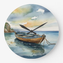 Paysage marin serein : Horloge de bateau aquarelle