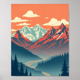 Paysage Montagneux Rétro Affiche Rouge Bleu