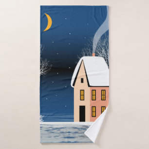 Paysage nocturne d'hiver. Maison cosy, divers arbr