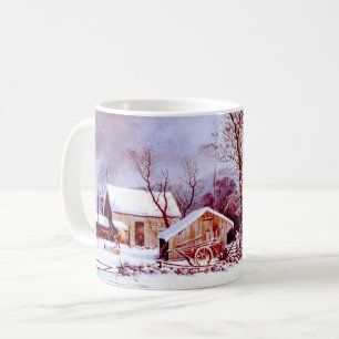 Paysage vintage de ferme d'hiver. Mugs cadeaux de