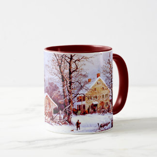 Paysage vintage de ferme d'hiver. Mugs cadeaux de