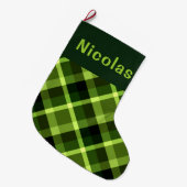 Pea Green Plaid Monogram Grote Kerstkous Grote Kerstsok (Voorkant (Hangend))