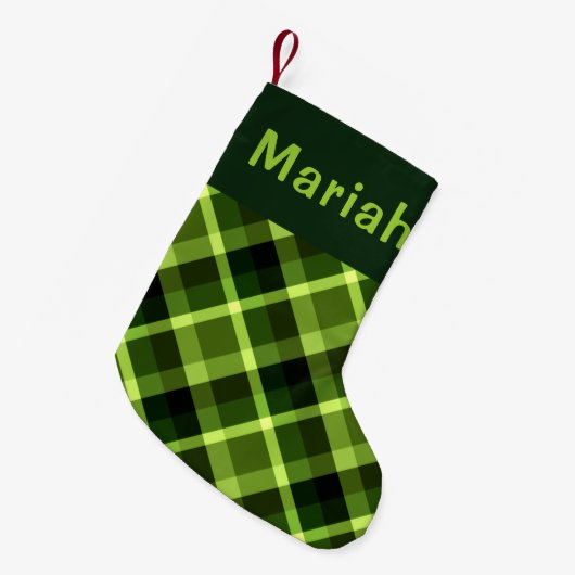 Pea Green Plaid Monogram Kleine Kerstkous Kleine Kerstsok (Voorkant (Hangend))