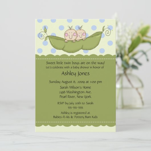 Pea Pod Twin Boys Baby Shower Invitations (Debout devant)