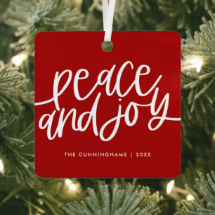 Peace and Joy Winter Red Green Photo Metal Ormenme Metalen Ornament