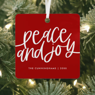 Peace and Joy Winter Red Green Photo Metal Ormenme Metalen Ornament