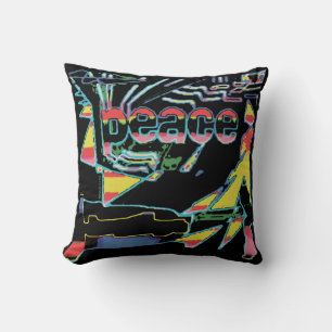 "Peace" Art Graphic Rood Geel Aqua Roze op Zwart Kussen