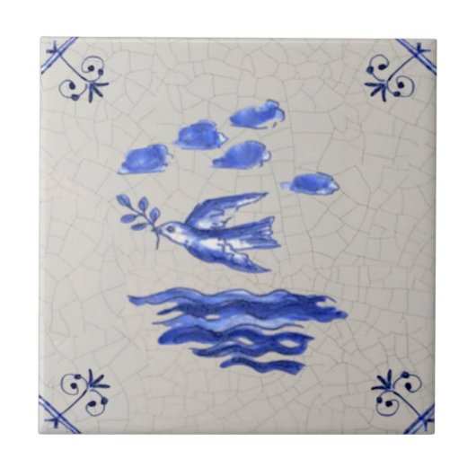Peace Dove met Olive Branch Blue Delft 1600s Repro Tegeltje (Voorkant)