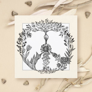 Peace Floral Drawing Cute Boho Hippie Flowers Art Kaart
