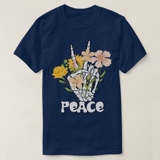 Peace Flowers en Skeleton Hand Peace Sign Retro B T-shirt (Design voorkant)